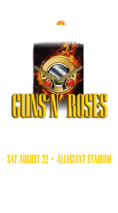 Guns N' Roses concert promo with flaming crossed-pistols-and-roses emblem and gold logo, dated Saturday, August 22.