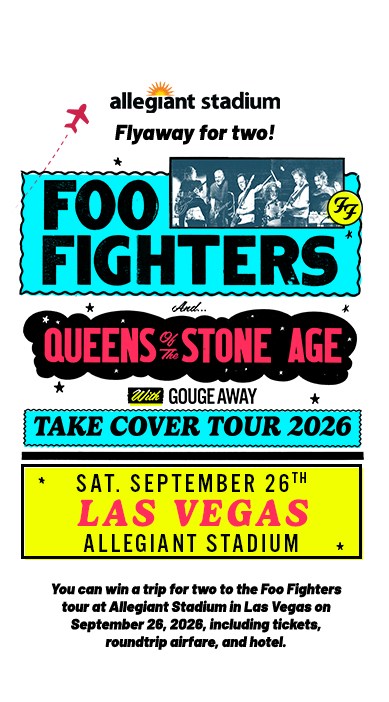 Concert promotion poster for Foo Fighters and Queens of the Stone Age at Allegiant Stadium Las Vegas, September 26, 2026, with a sweepstakes entry opportunity.