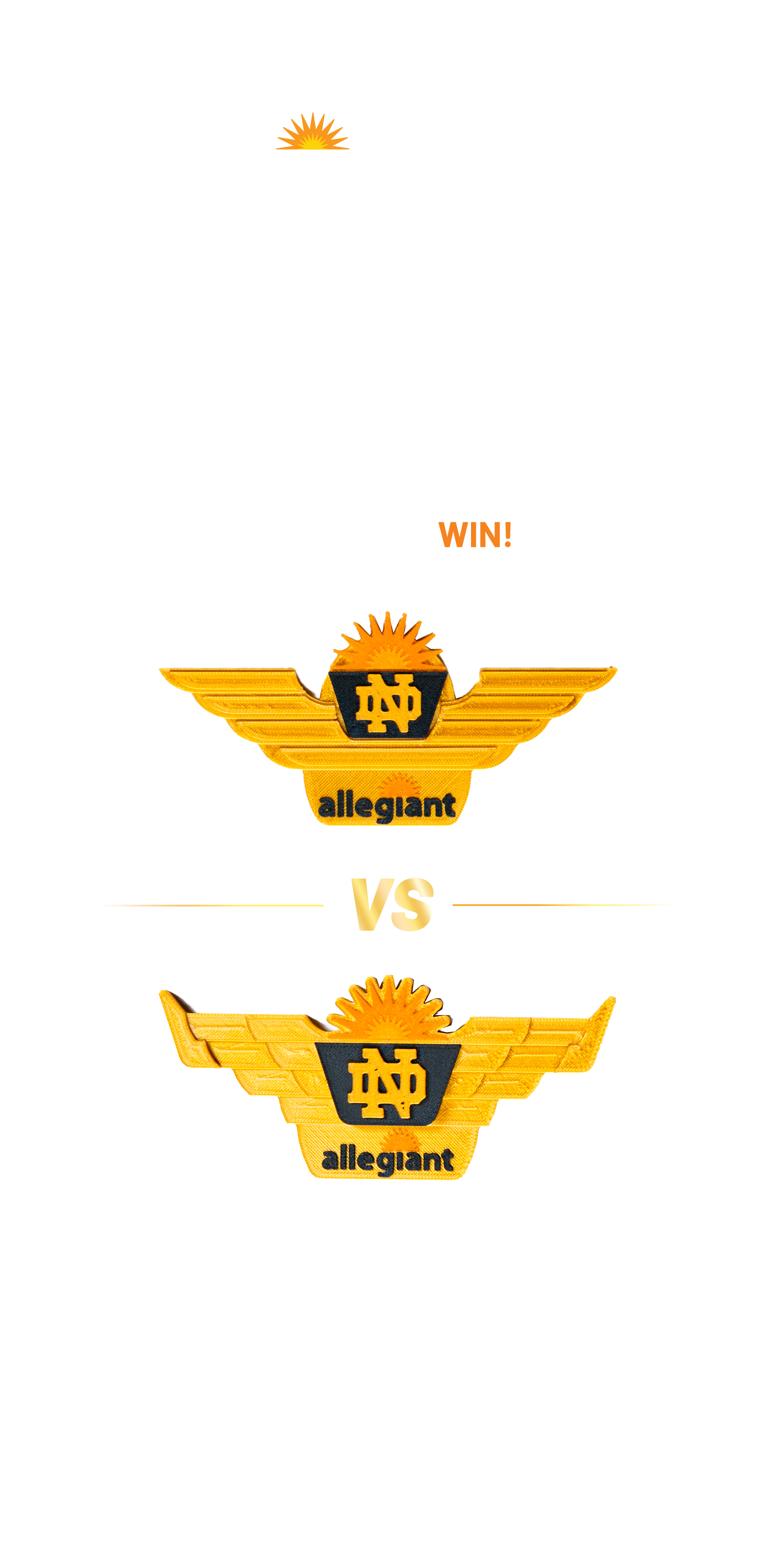Two gold Allegiant Notre Dame wing pin designs shown side by side in a VS matchup under the headline Choose Your Wings